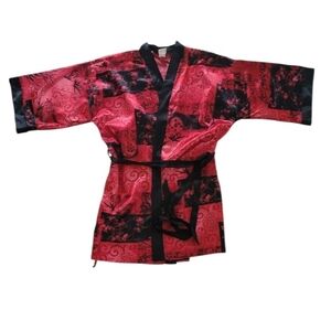 Frederick's of Hollywood Red and Black Satin Kimono Wrap, Length 33'